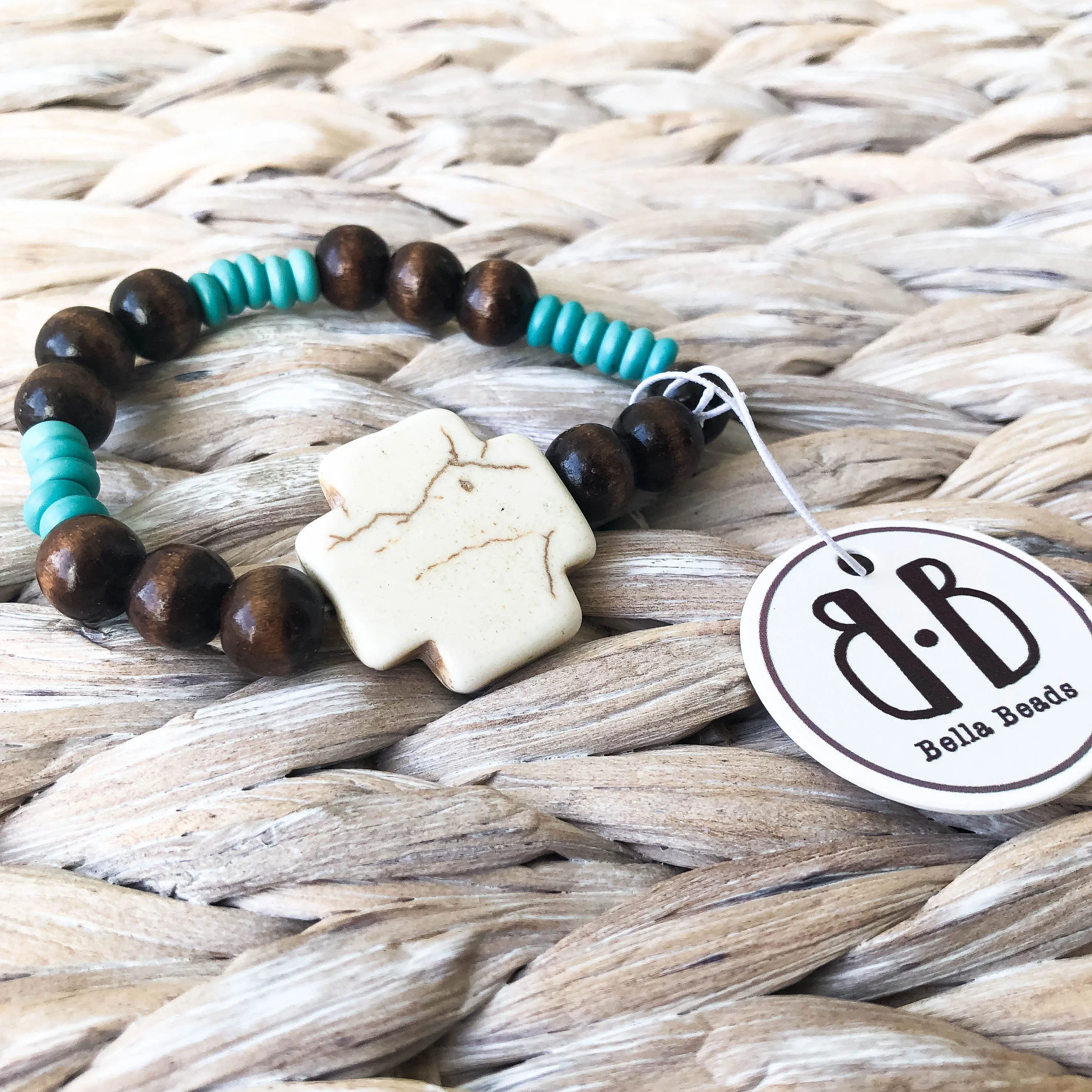 "Kory" Wooden, Turquoise, and Bone Cross Bracelet 