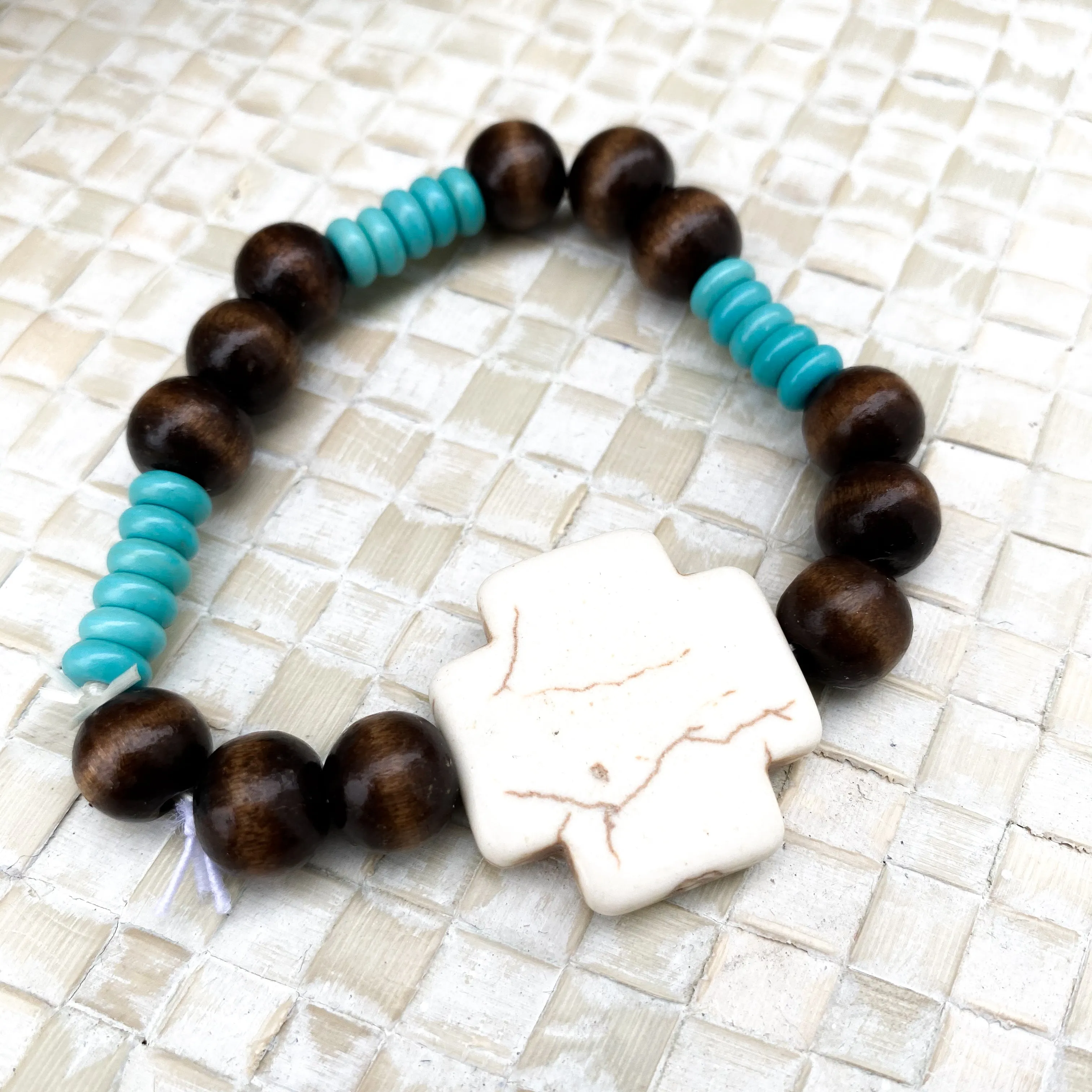 "Kory" Wooden, Turquoise, and Bone Cross Bracelet 