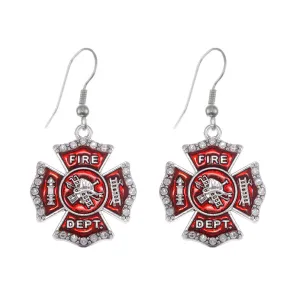 Silver Firefighter Badge Charm Dangle Earrings