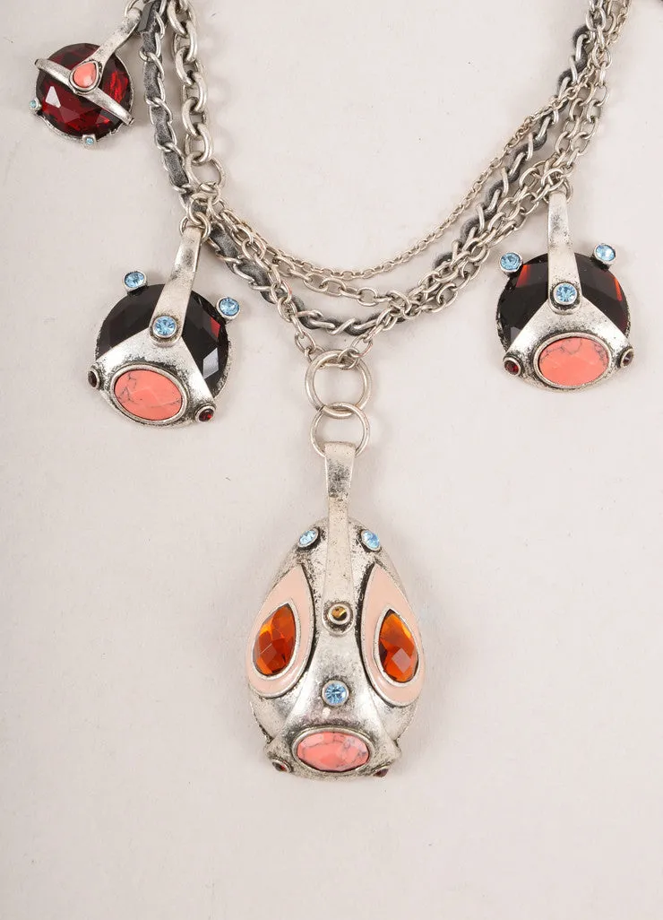 Silver Toned, Red, and Blue Stone Five Pendant Chain Necklace