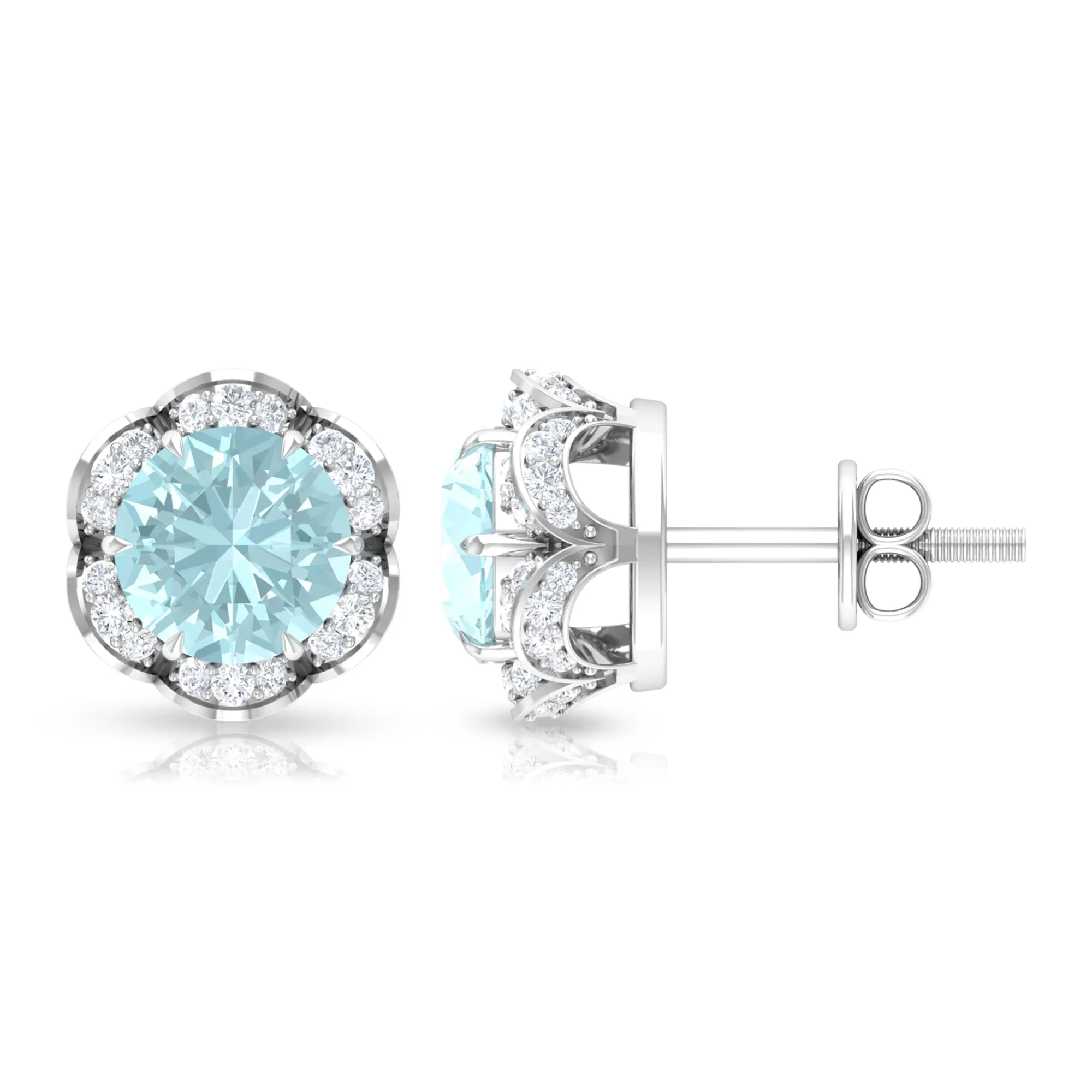 Sky Blue Topaz Flower Stud Earrings with Diamond