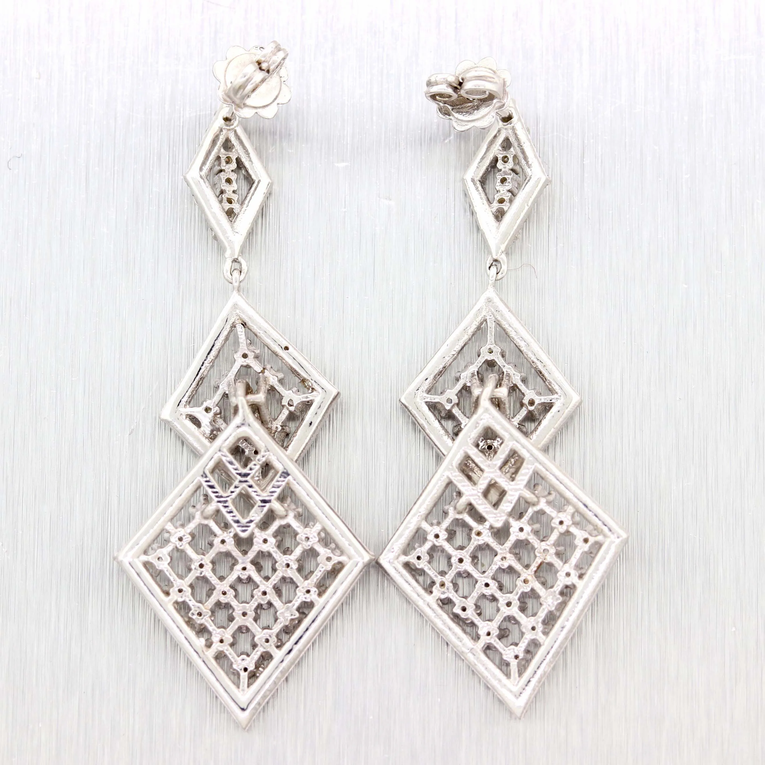 Solid 14k White Gold 2.65ctw Diamond Drop Dangle Lace Chandelier Earrings A9