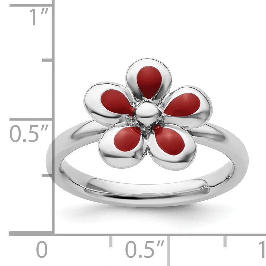 Sterling Silver Red Enameled Flower Ring