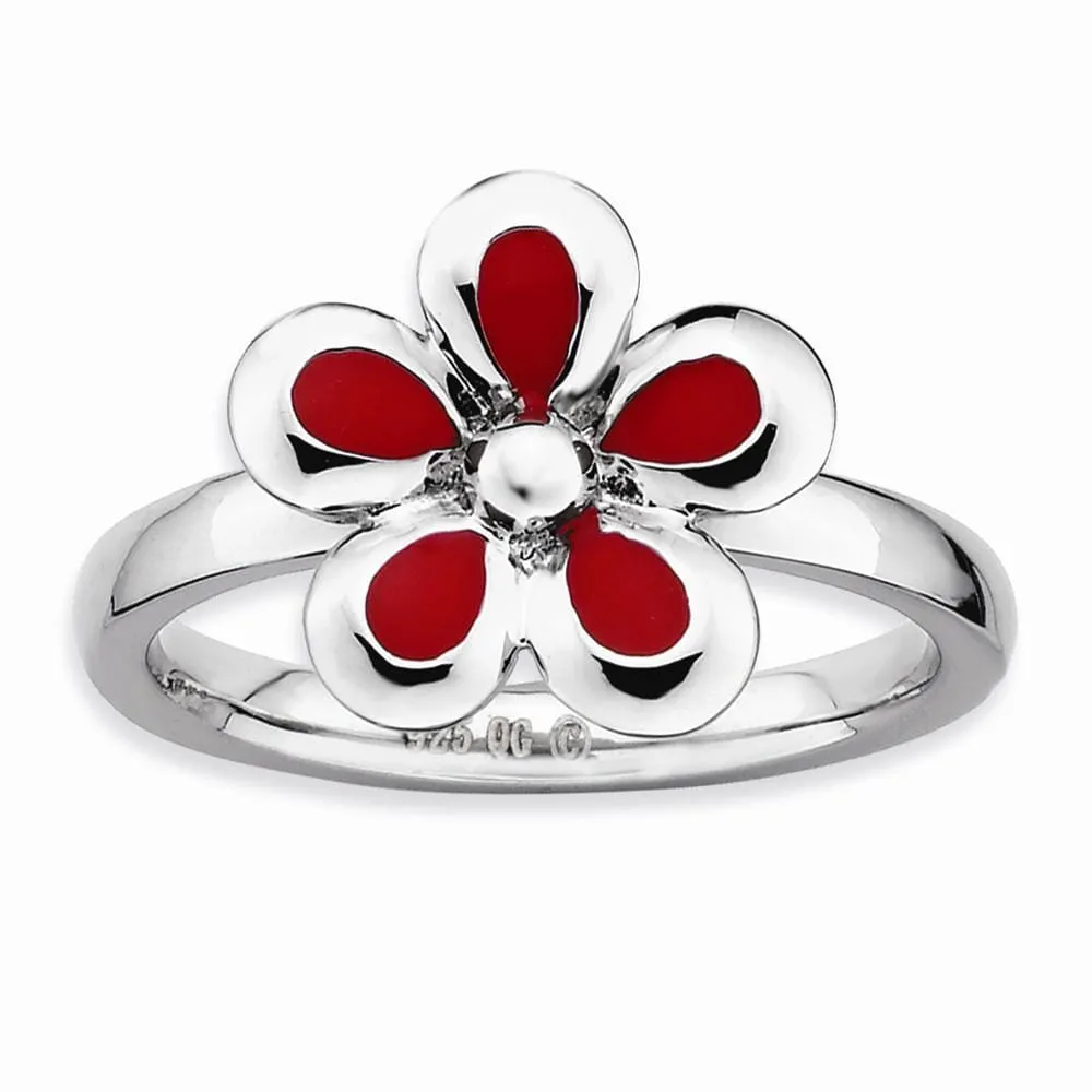 Sterling Silver Red Enameled Flower Ring