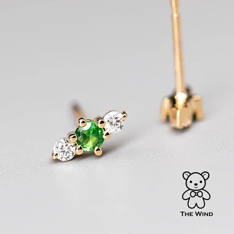 Three Stone Diamond Tsavorite Garnet Stud Earrings 18K Yellow Gold