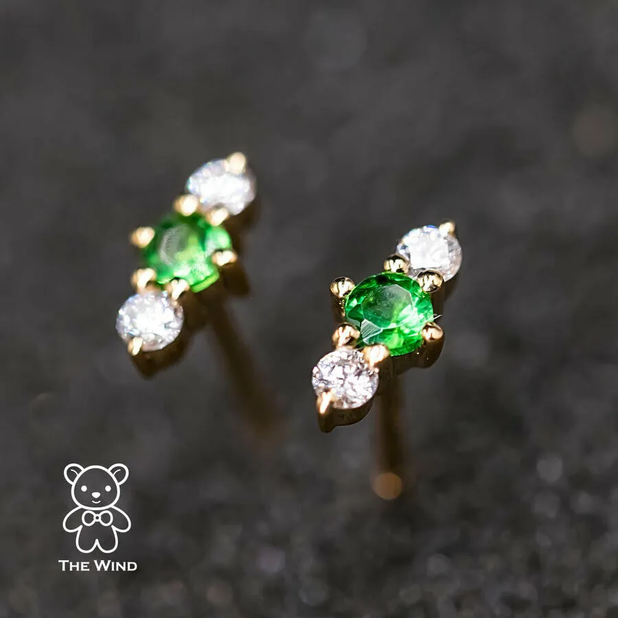 Three Stone Diamond Tsavorite Garnet Stud Earrings 18K Yellow Gold