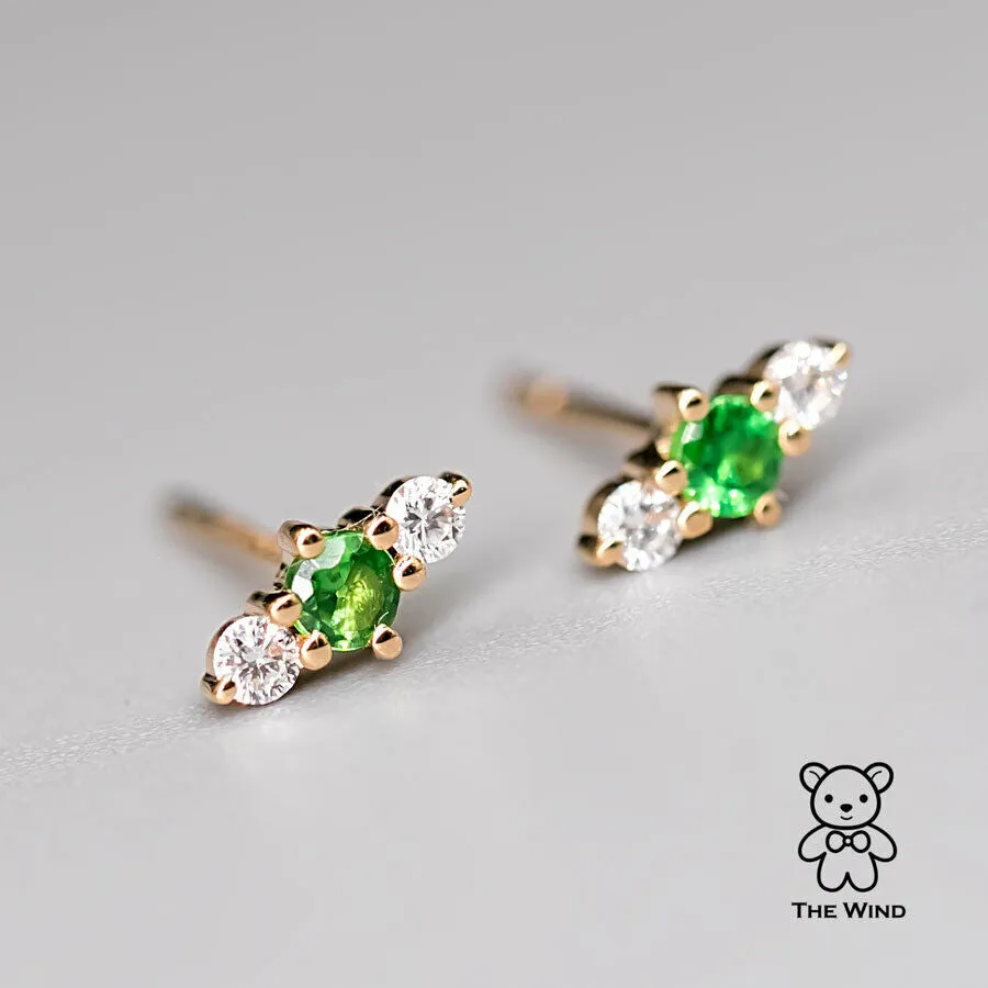 Three Stone Diamond Tsavorite Garnet Stud Earrings 18K Yellow Gold