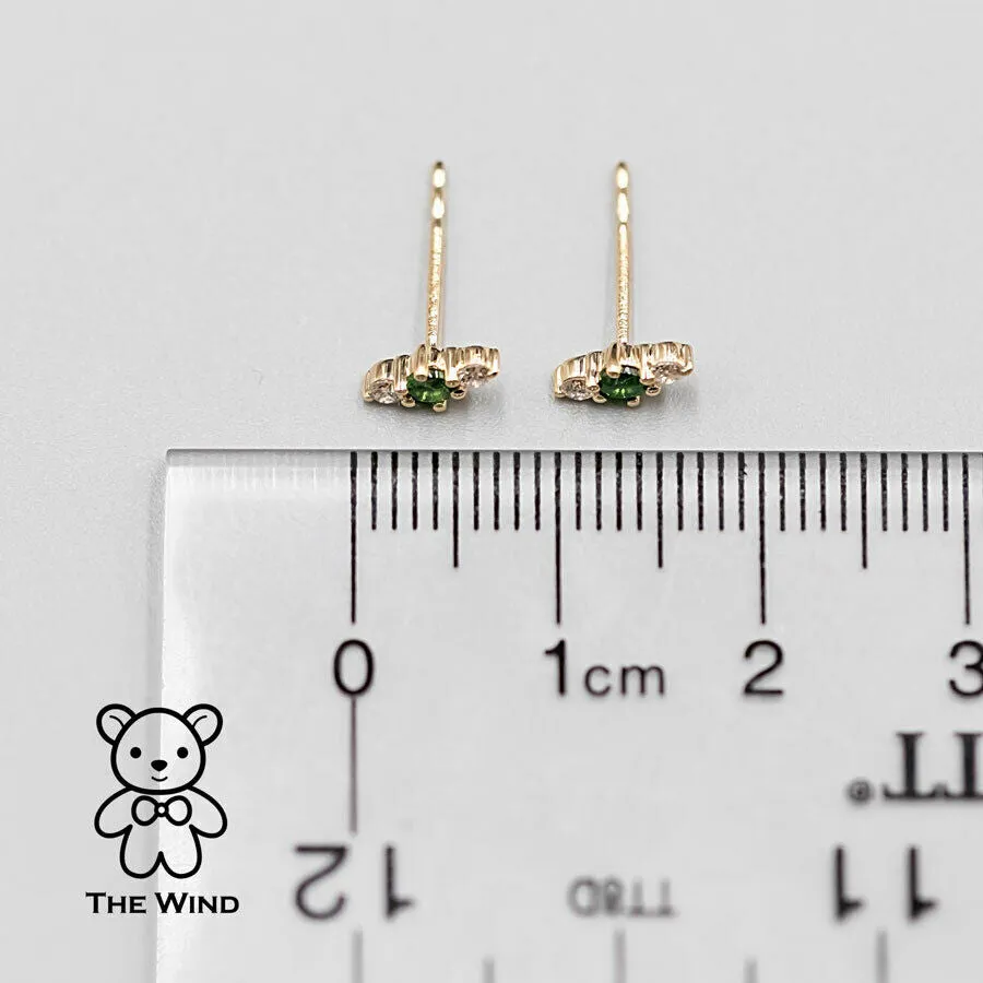 Three Stone Diamond Tsavorite Garnet Stud Earrings 18K Yellow Gold