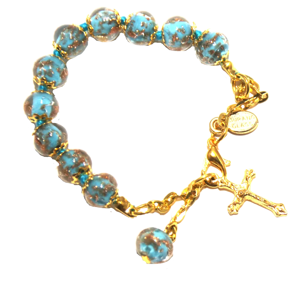 Turquoise Genuine Murano Gold Tone Rosary Bracelet with Handknotted Sommerso Beads & Crucifix