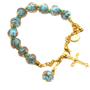 Turquoise Genuine Murano Gold Tone Rosary Bracelet with Handknotted Sommerso Beads & Crucifix