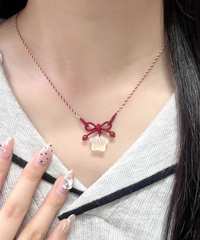 Unique Red Hand Woven Jade Bow Pendant Necklace QZ021