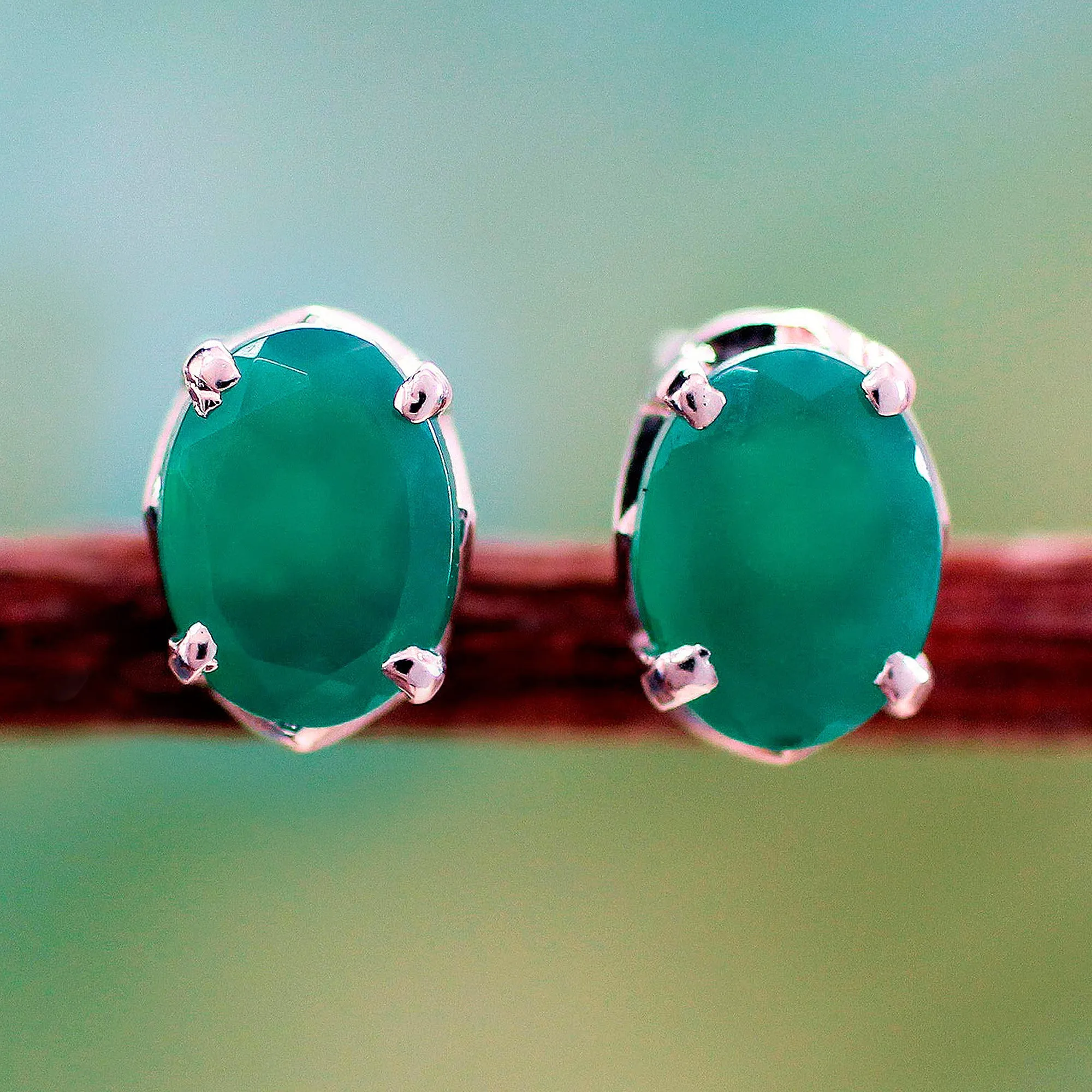 Unique Women's Stud Onyx Earrings - India Green | NOVICA