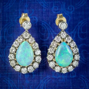 Victorian Style Pear Cut Opal Diamond Earrings Silver 14ct Gold 6ct Of Opal 3.10ct Of Diamond