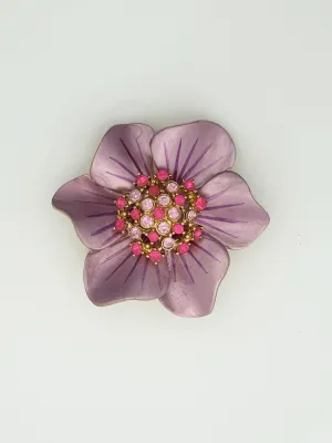 Vintage 1960's Enameled Pink Floral Rhinestone Brooch