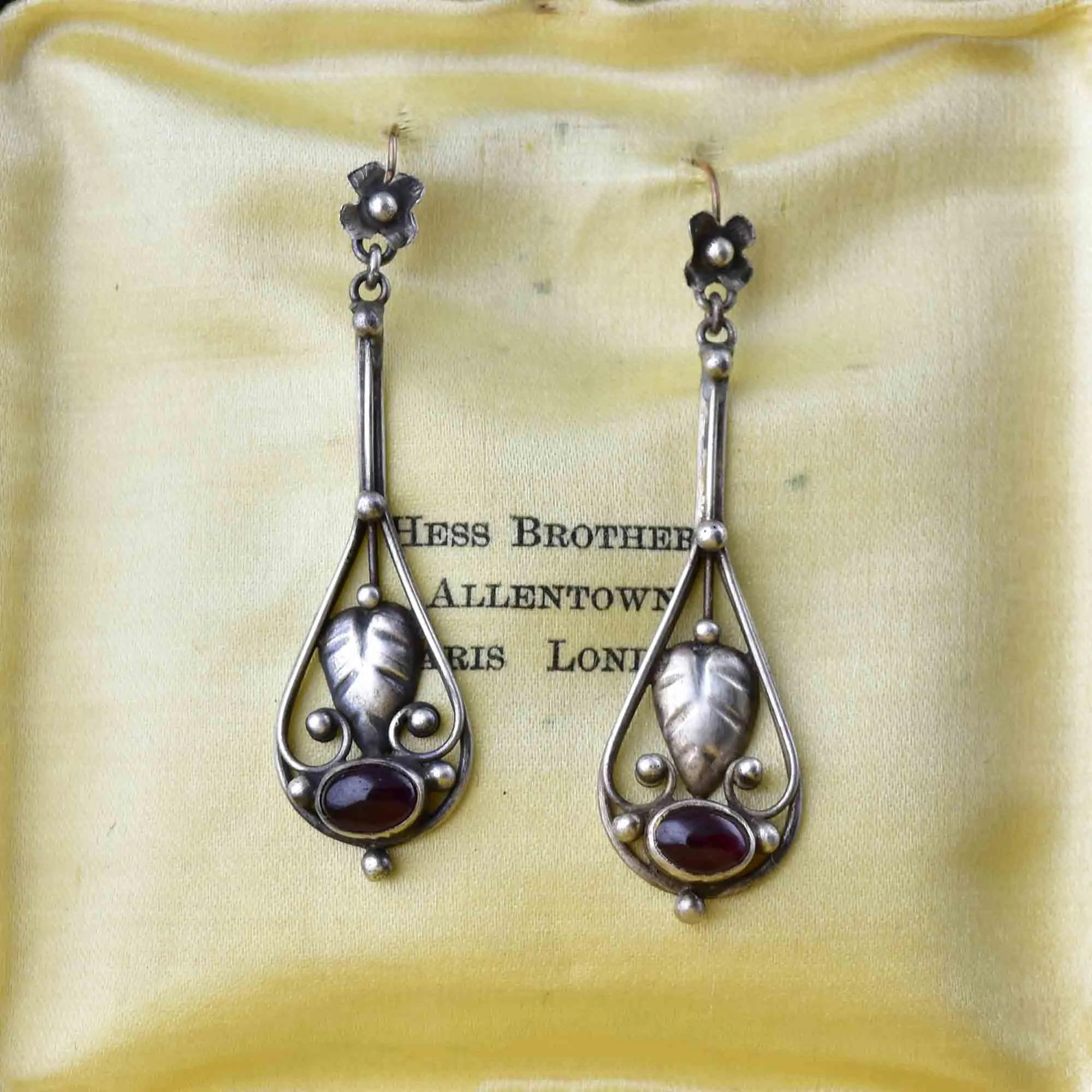 Vintage Arts and Crafts Silver Garnet Cabochon Earrings