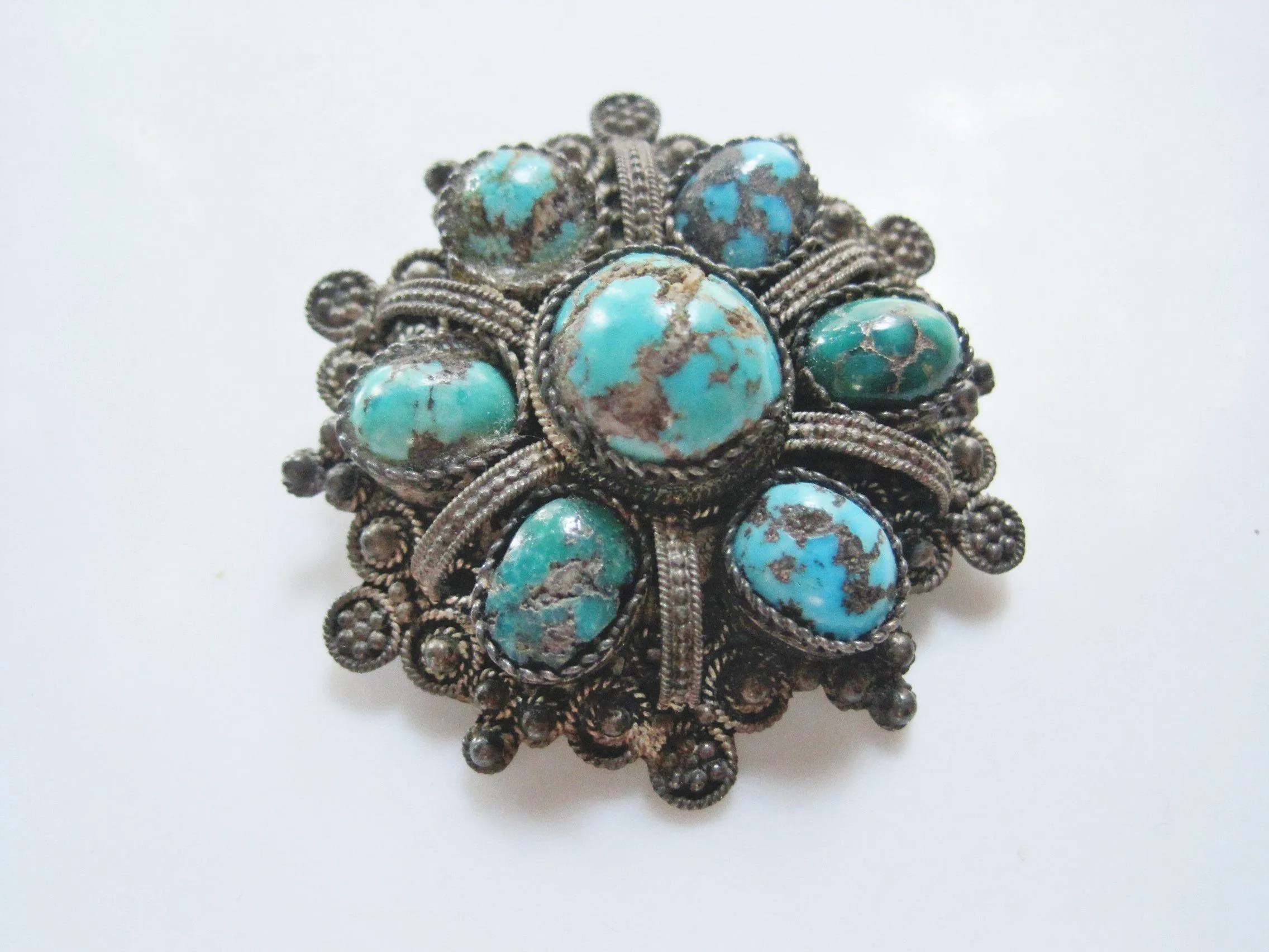 Vintage Natural Turquoise and 935 Silver Brooch and Pendant