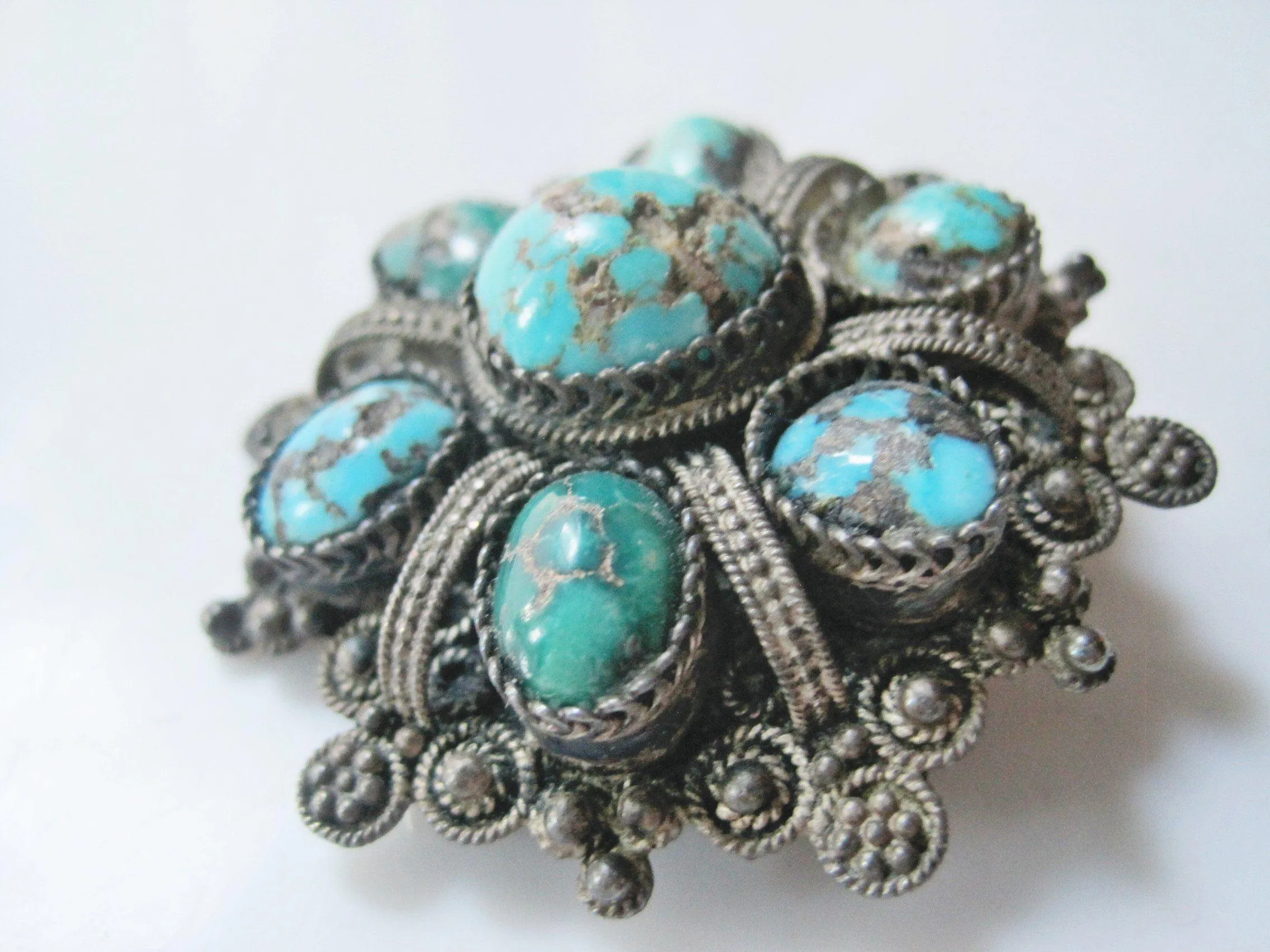 Vintage Natural Turquoise and 935 Silver Brooch and Pendant