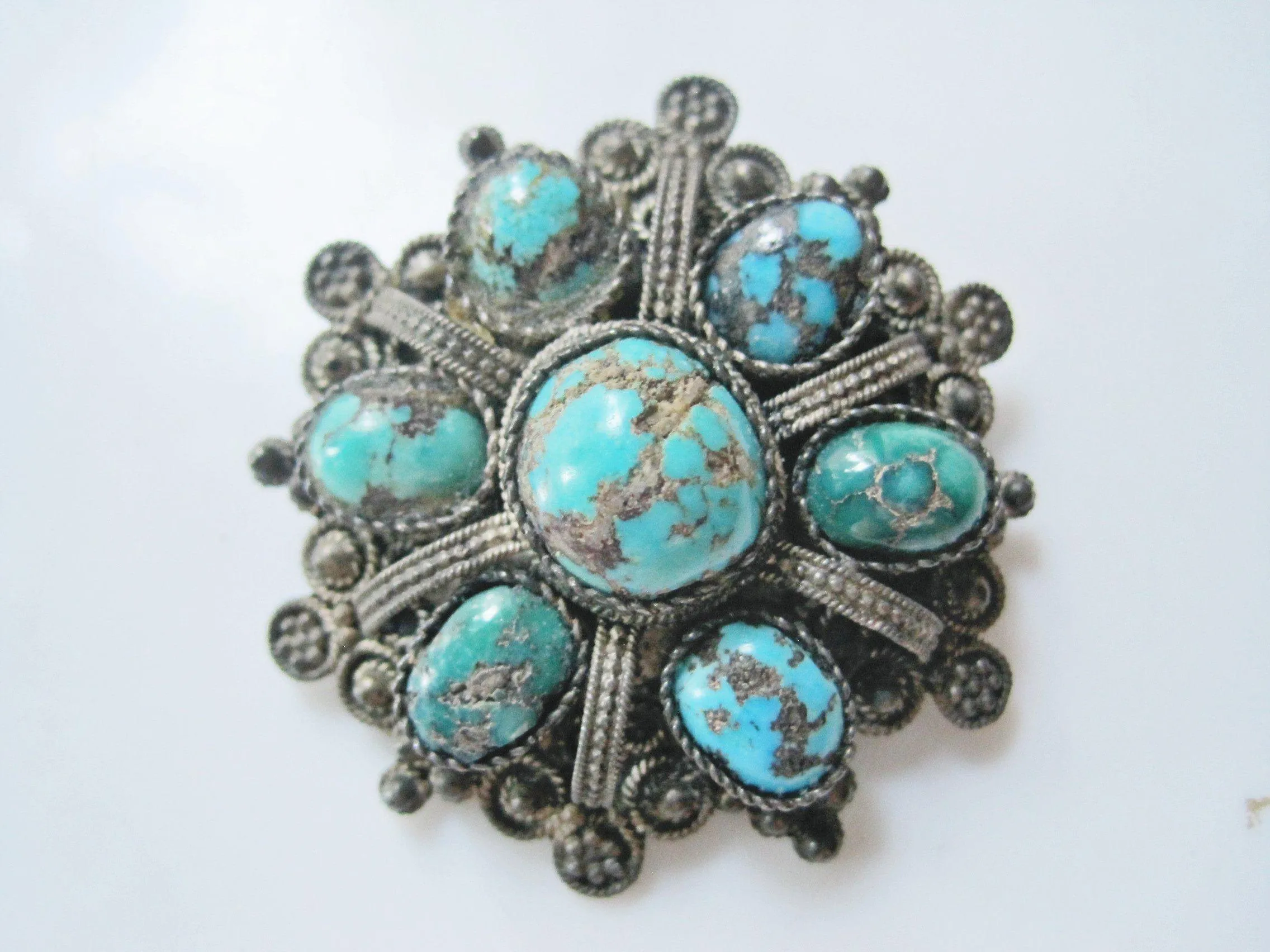 Vintage Natural Turquoise and 935 Silver Brooch and Pendant