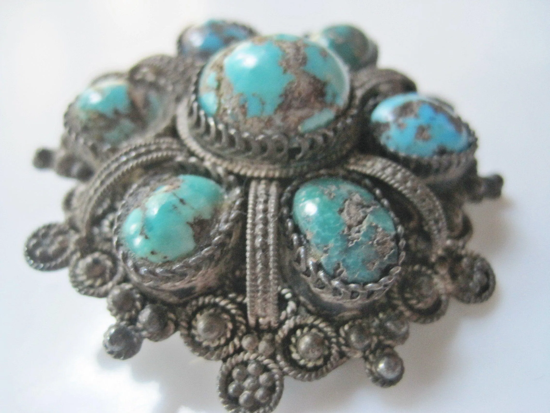 Vintage Natural Turquoise and 935 Silver Brooch and Pendant