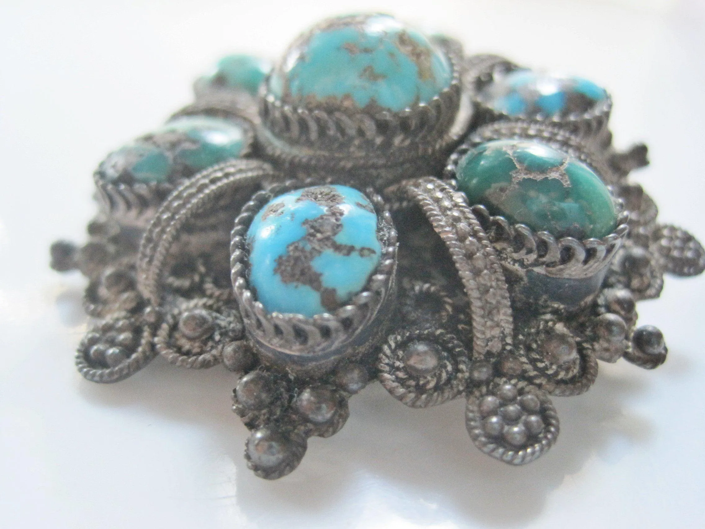 Vintage Natural Turquoise and 935 Silver Brooch and Pendant