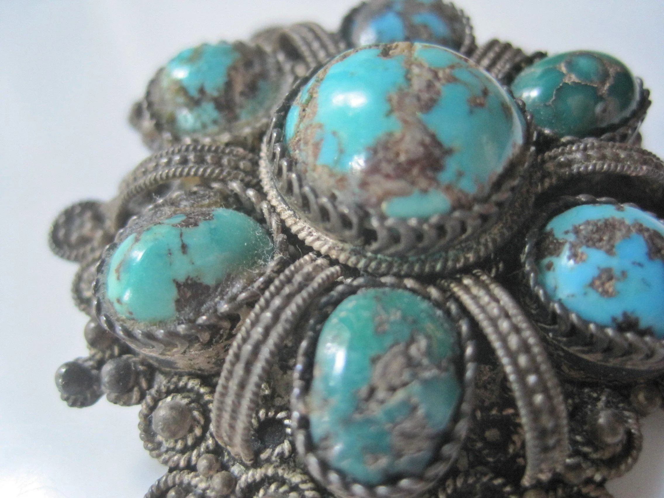 Vintage Natural Turquoise and 935 Silver Brooch and Pendant