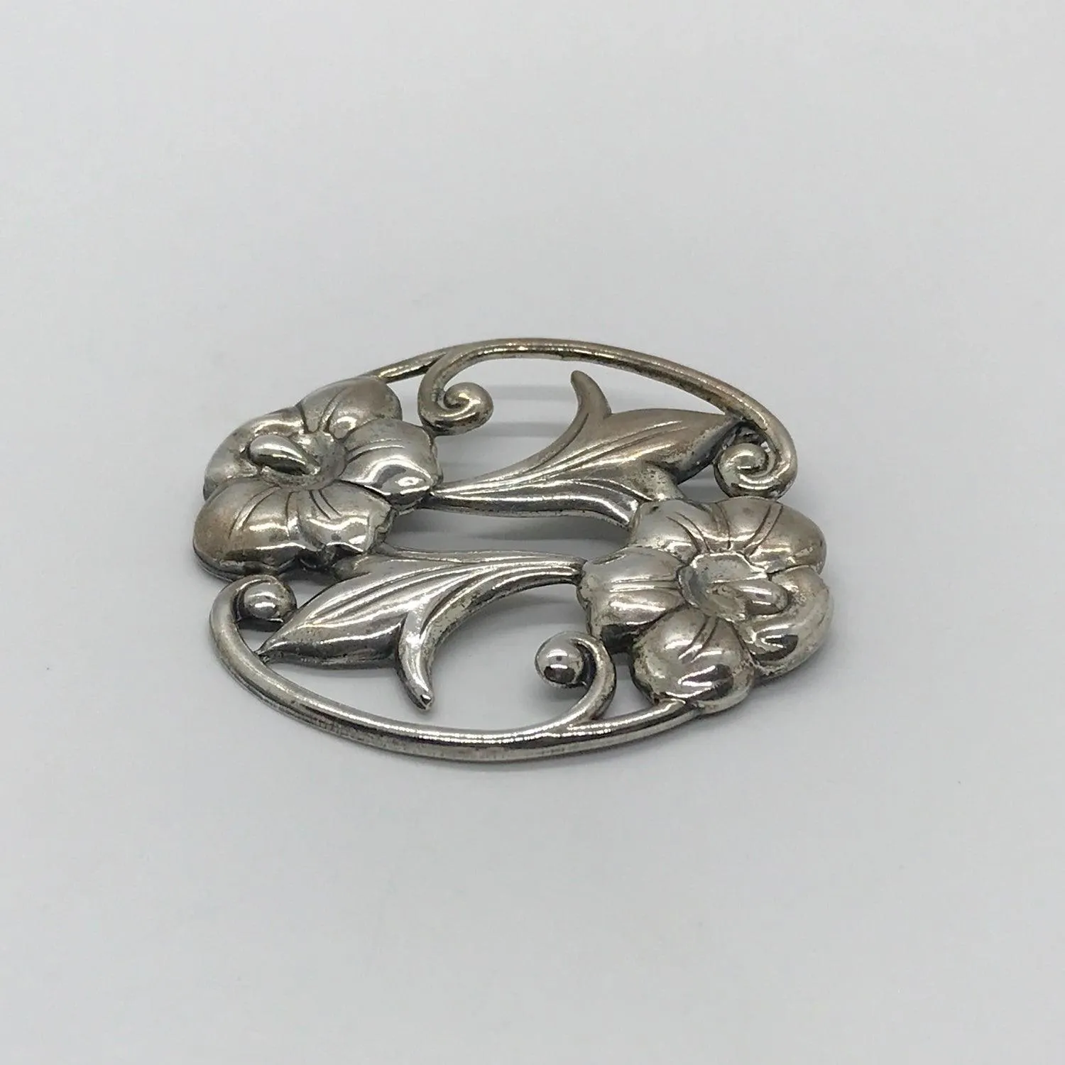 Vintage Sterling Silver Art Nouveau Floral Brooch