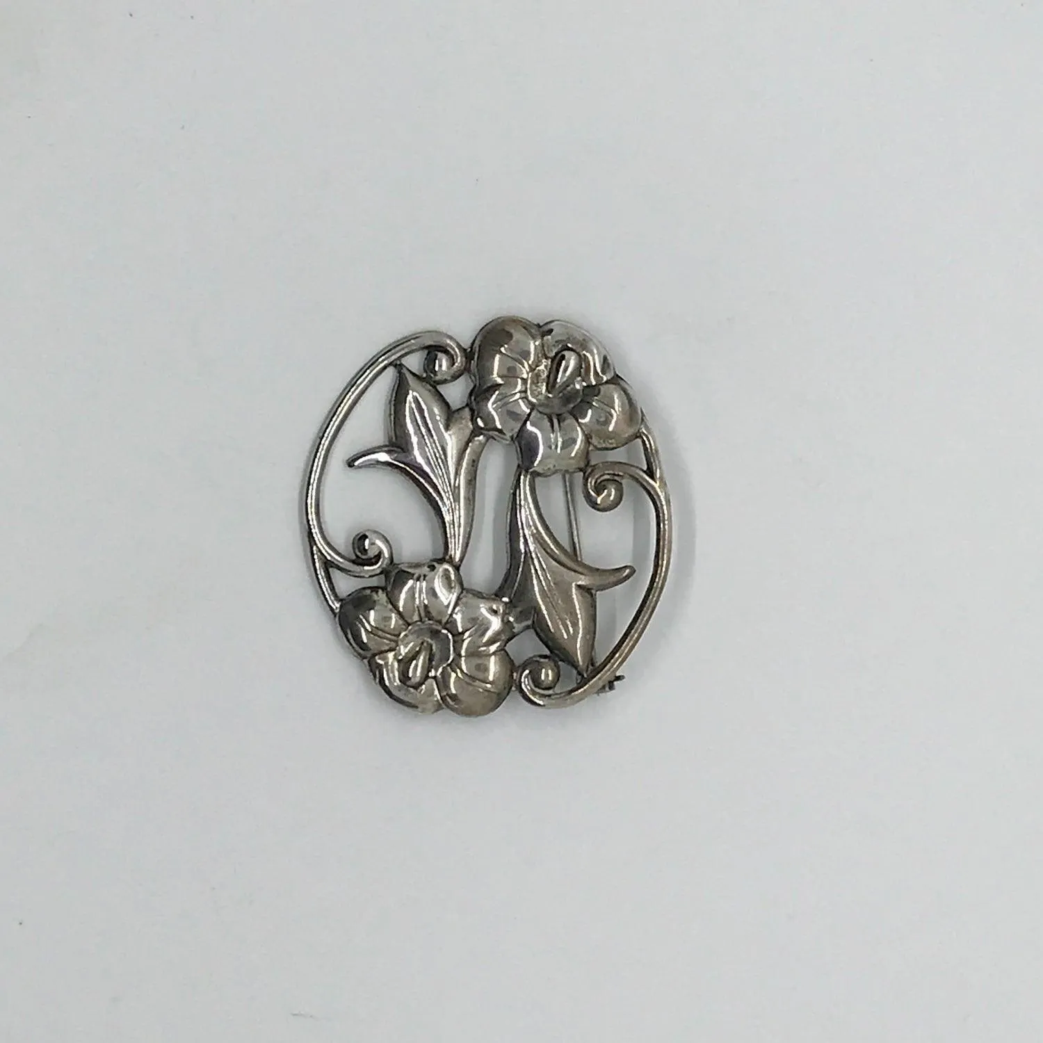 Vintage Sterling Silver Art Nouveau Floral Brooch