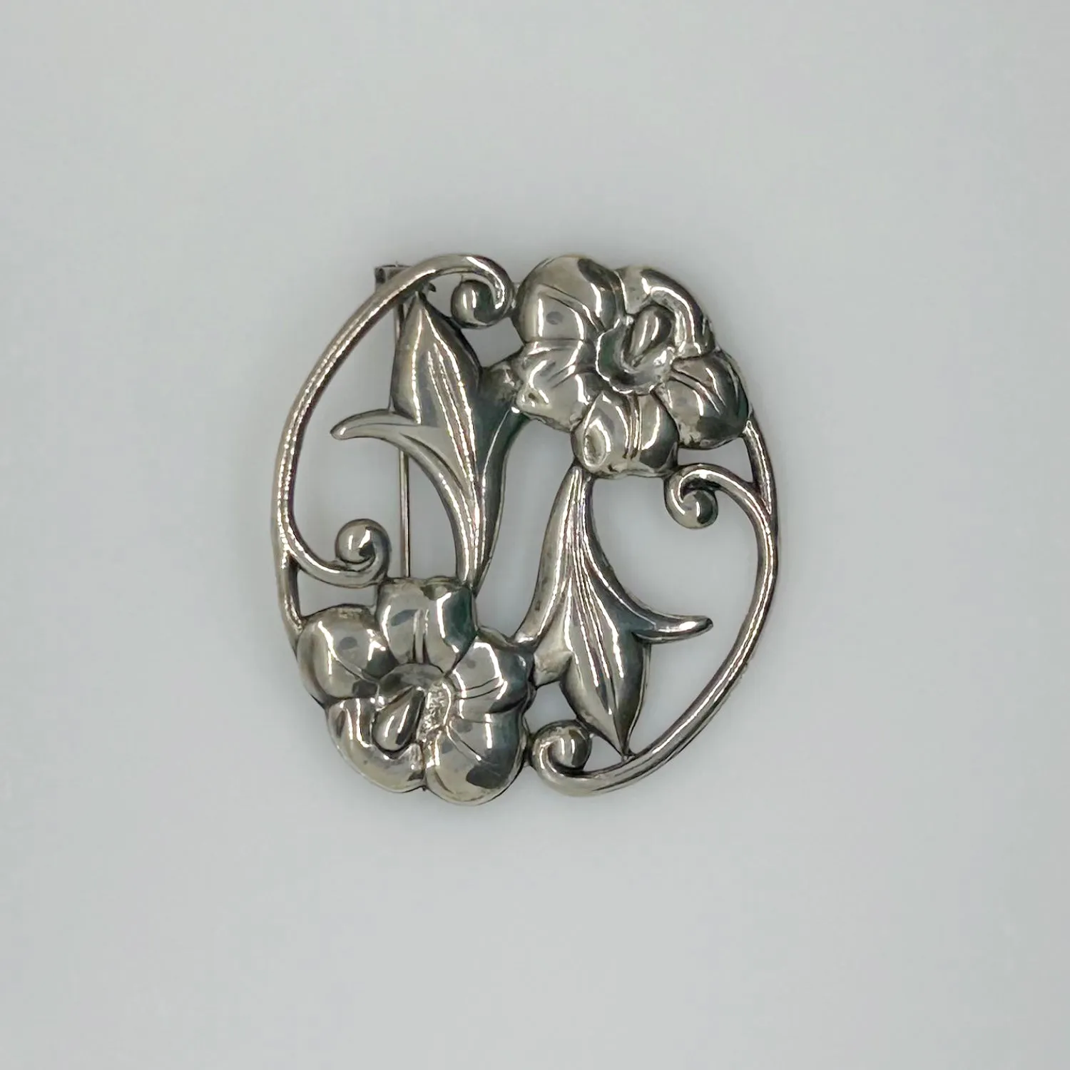 Vintage Sterling Silver Art Nouveau Floral Brooch