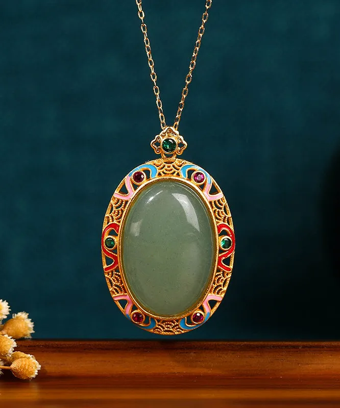 Women Gold Copper Overgild Jade Enamel Auspicious Clouds Pendant Necklace KX1058