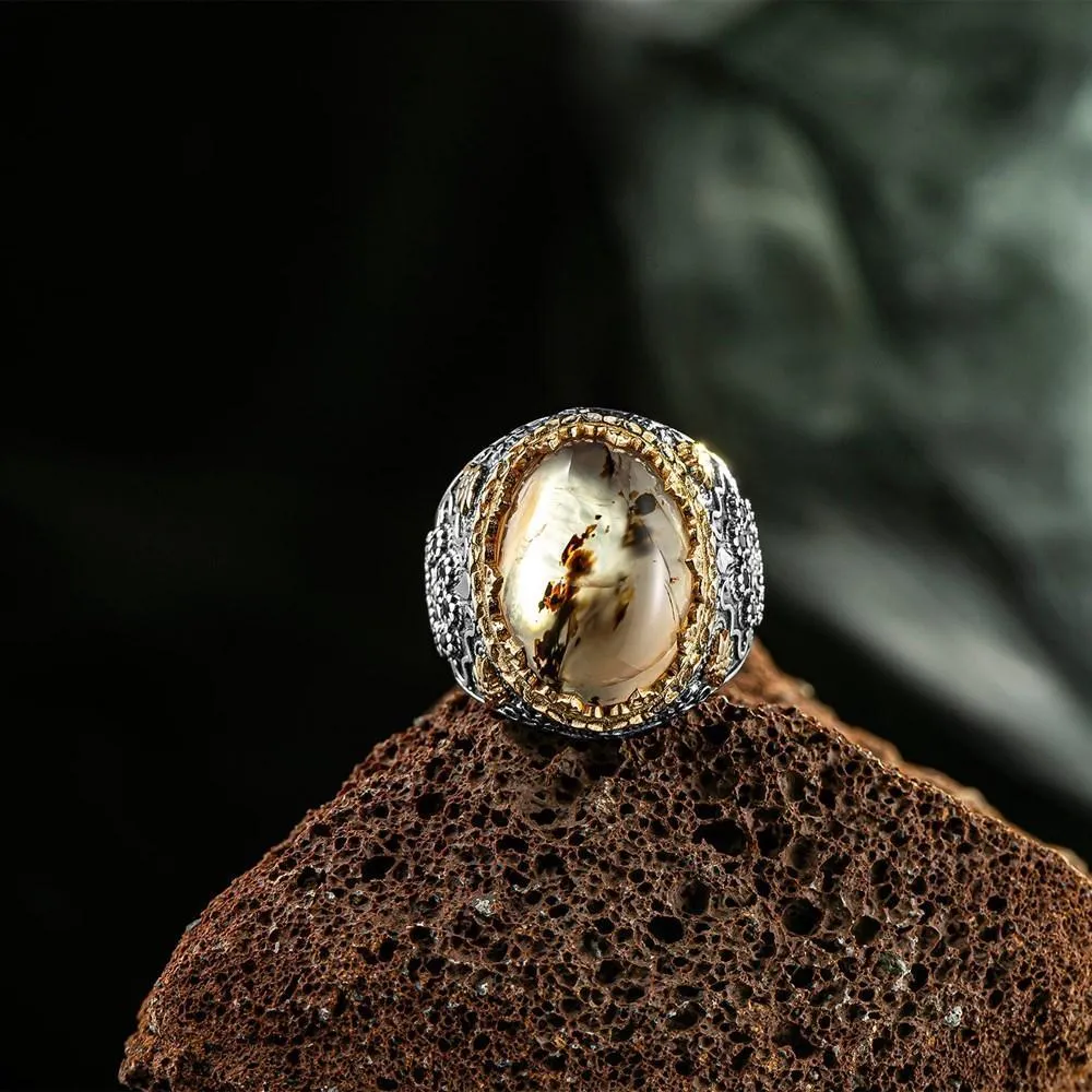 Yemen Agate Stone Silver Ring Decorated with Zircon Stones