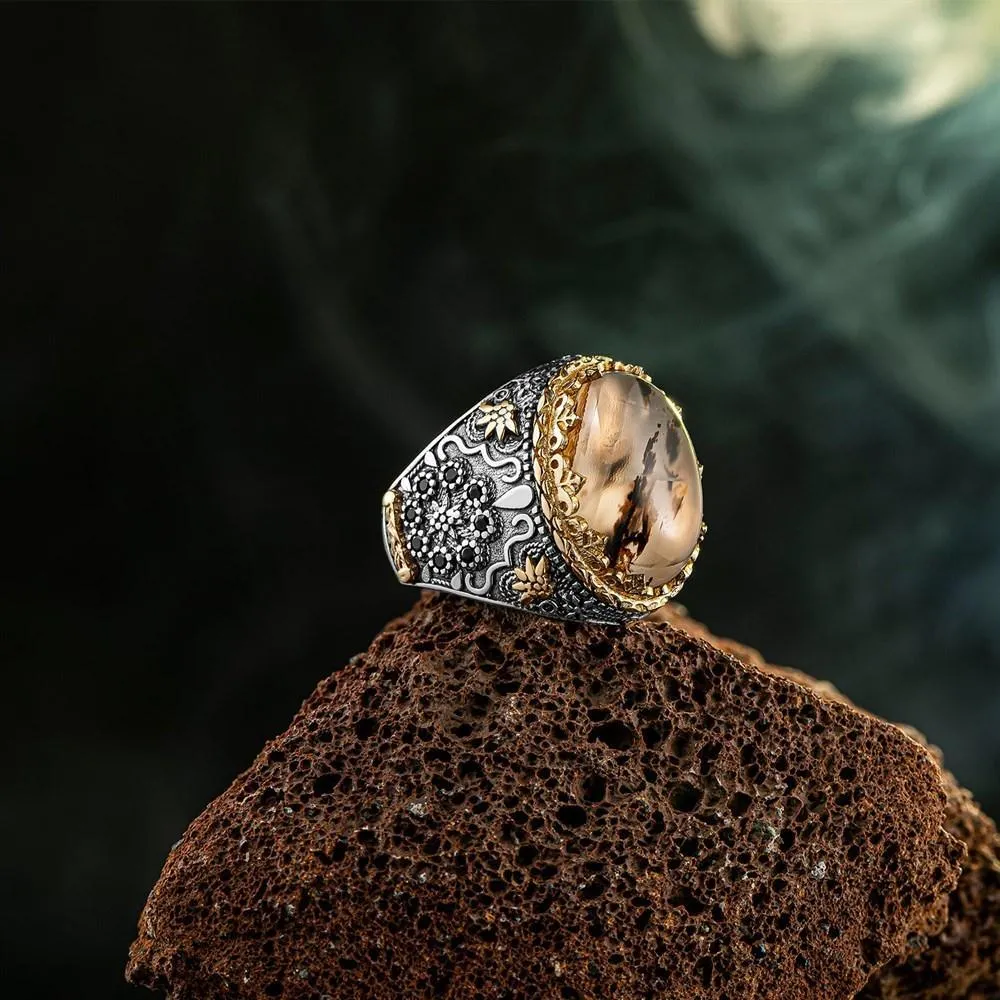 Yemen Agate Stone Silver Ring Decorated with Zircon Stones